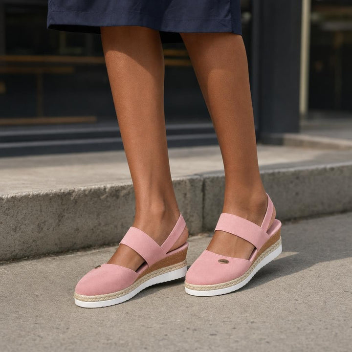 Women's Wide Strap Wedge Sandals in Pink, front view
