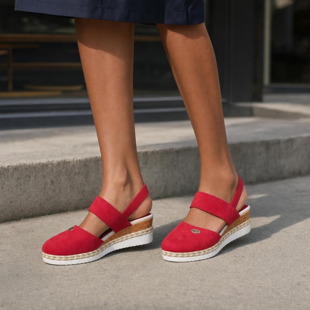 Women's Wide Strap Wedge Sandals in Red, front view