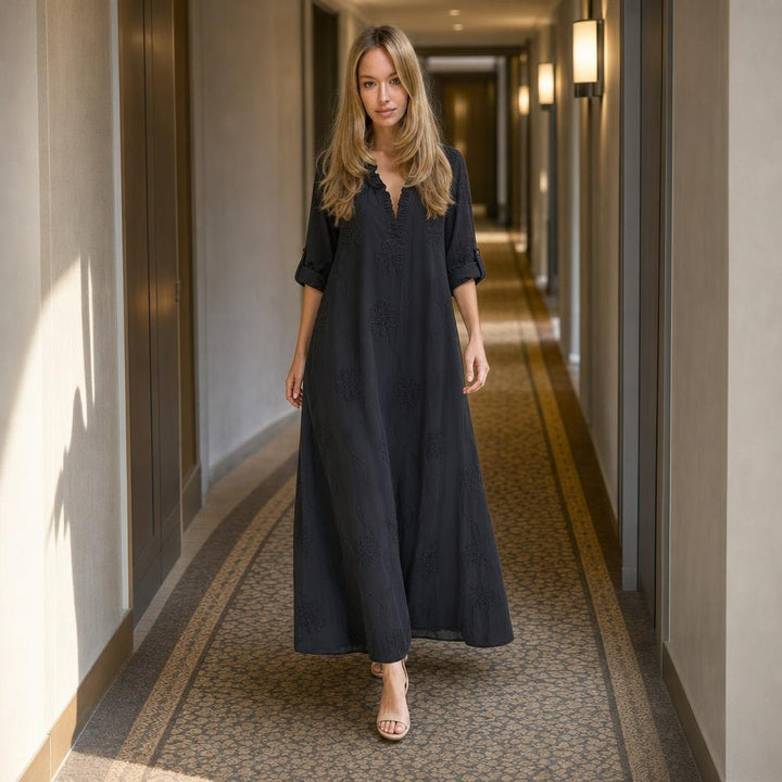 Women's Floral Midi Long Sleeve Maxi Dress in Black, front view