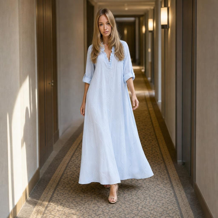 Women's Floral Midi Long Sleeve Maxi Dress in Blue, front view