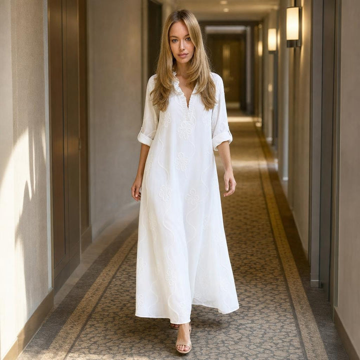 Women's Floral Midi Long Sleeve Maxi Dress in White, front view