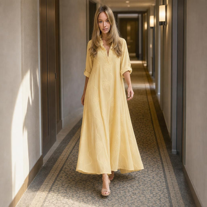Women's Floral Midi Long Sleeve Maxi Dress in Yellow, front view