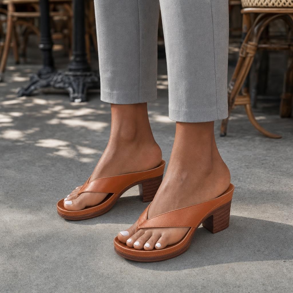 Women's Wide Strap Slip On Sandals in Brown, front view