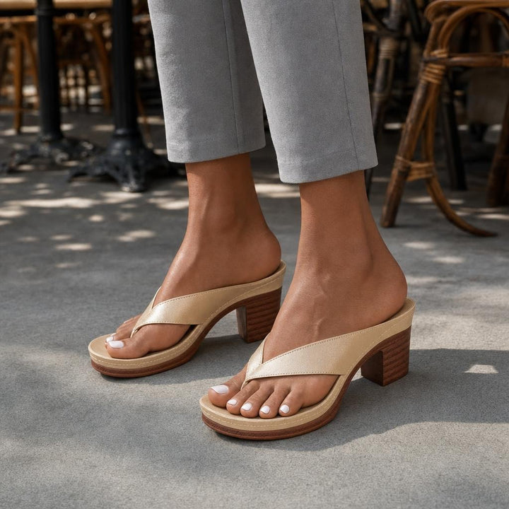 Women's Wide Strap Slip On Sandals in Gold, front view