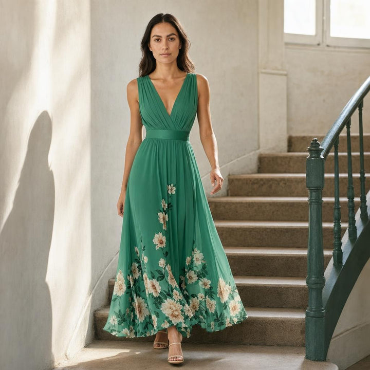 Women's Floral Print Wedding Guest Maxi Dress in Green, front view