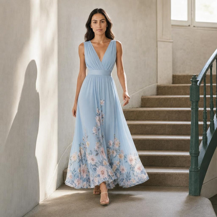 Women's Floral Print Wedding Guest Maxi Dress in Light Blue, front view
