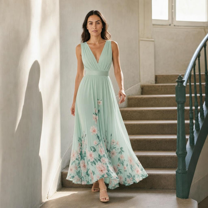 Women's Floral Print Wedding Guest Maxi Dress in Light Green, front view