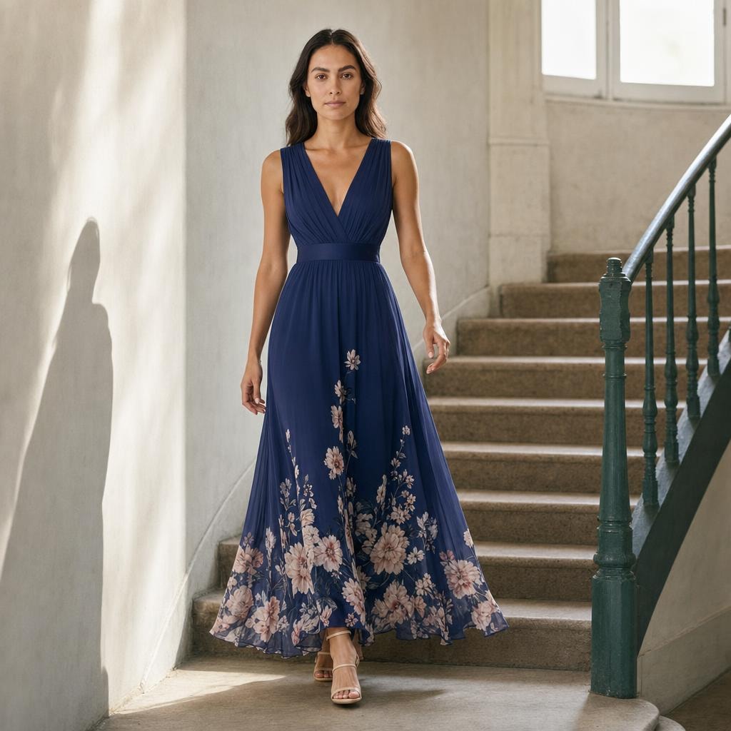 Women's Floral Print Wedding Guest Maxi Dress in Navy Blue, front view