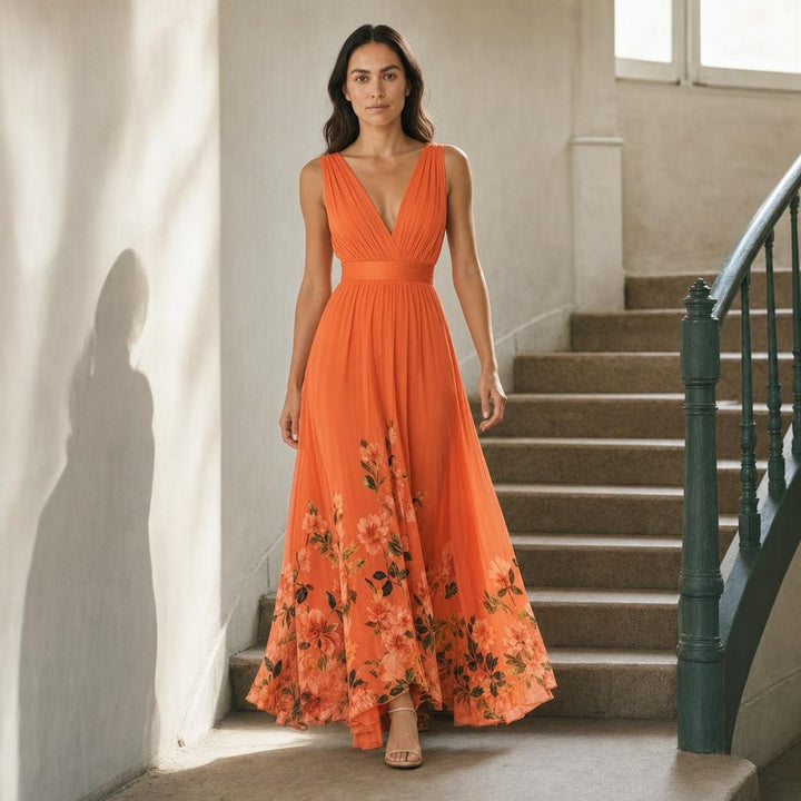 Women's Floral Print Wedding Guest Maxi Dress in Orange, front view