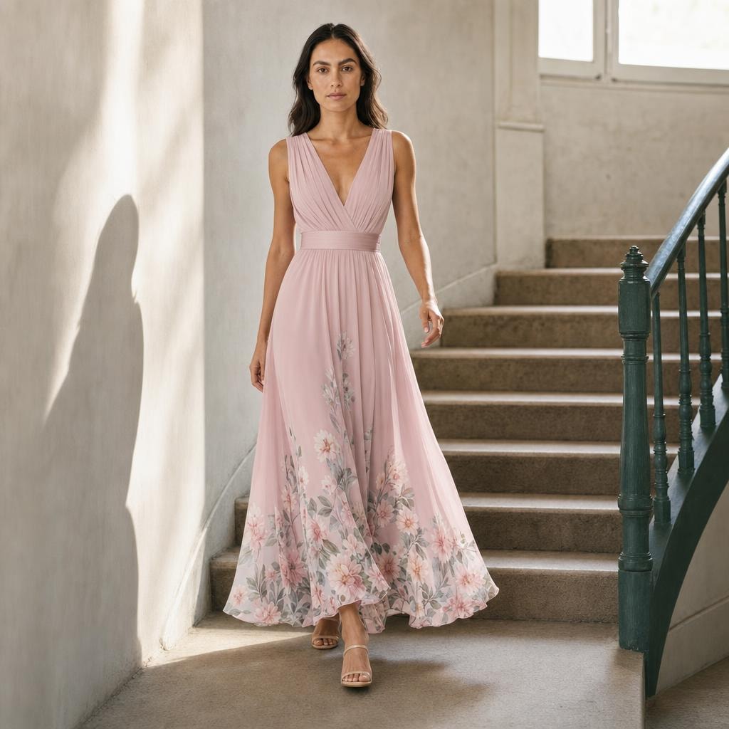 Women's Floral Print Wedding Guest Maxi Dress in Pink, front view