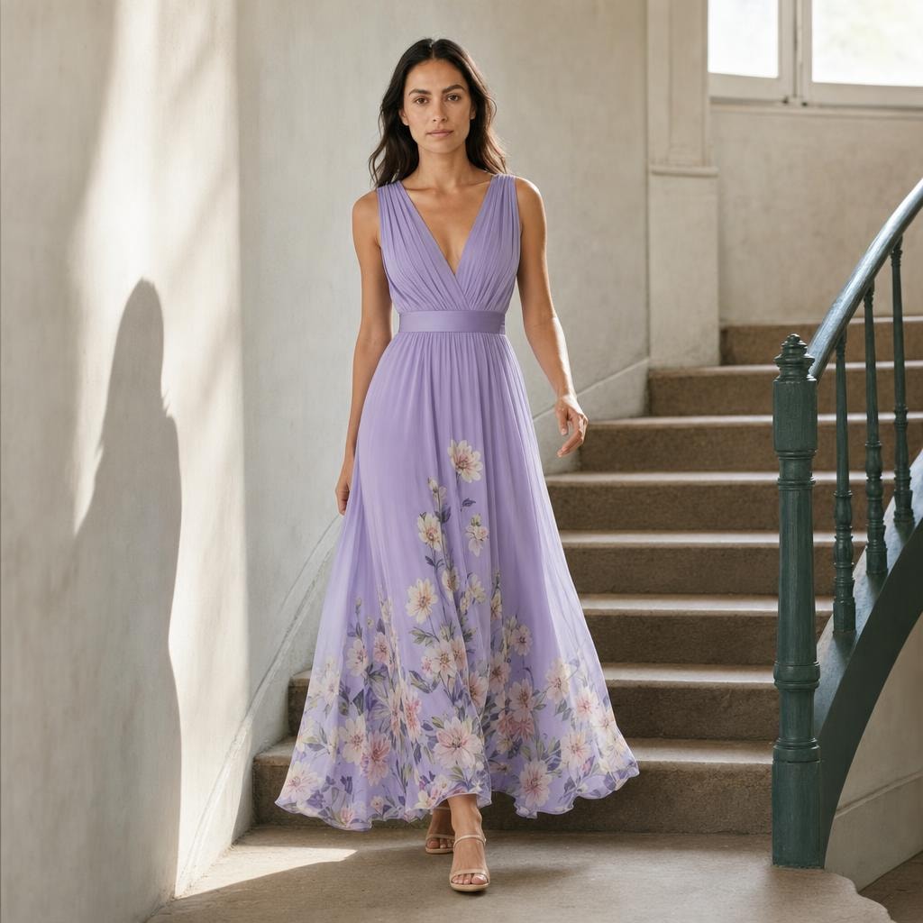 Women's Floral Print Wedding Guest Maxi Dress in Purple, front view