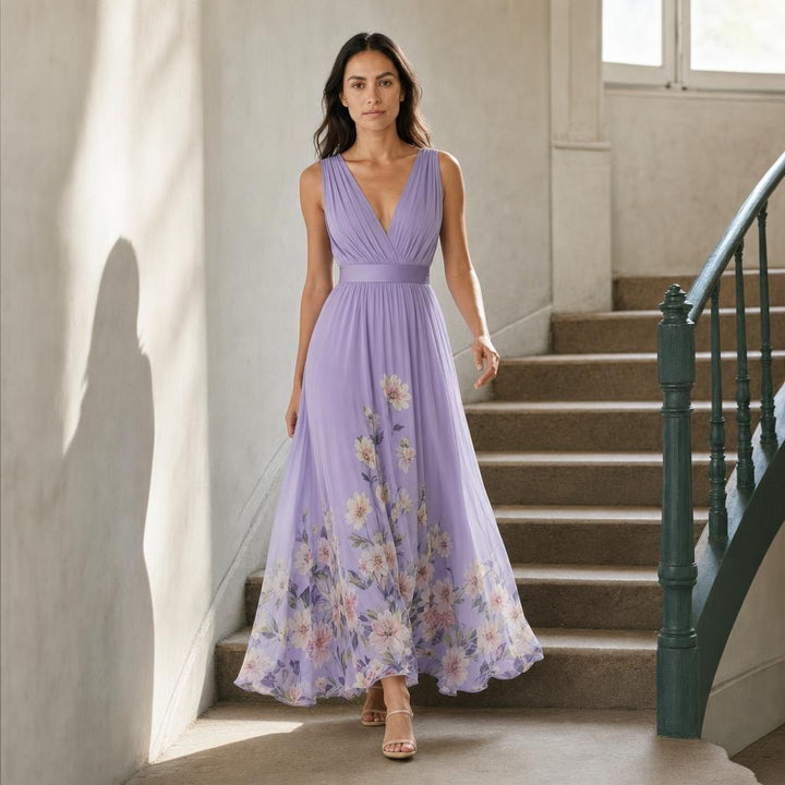 Women's Floral Print Wedding Guest Maxi Dress in Purple, front view