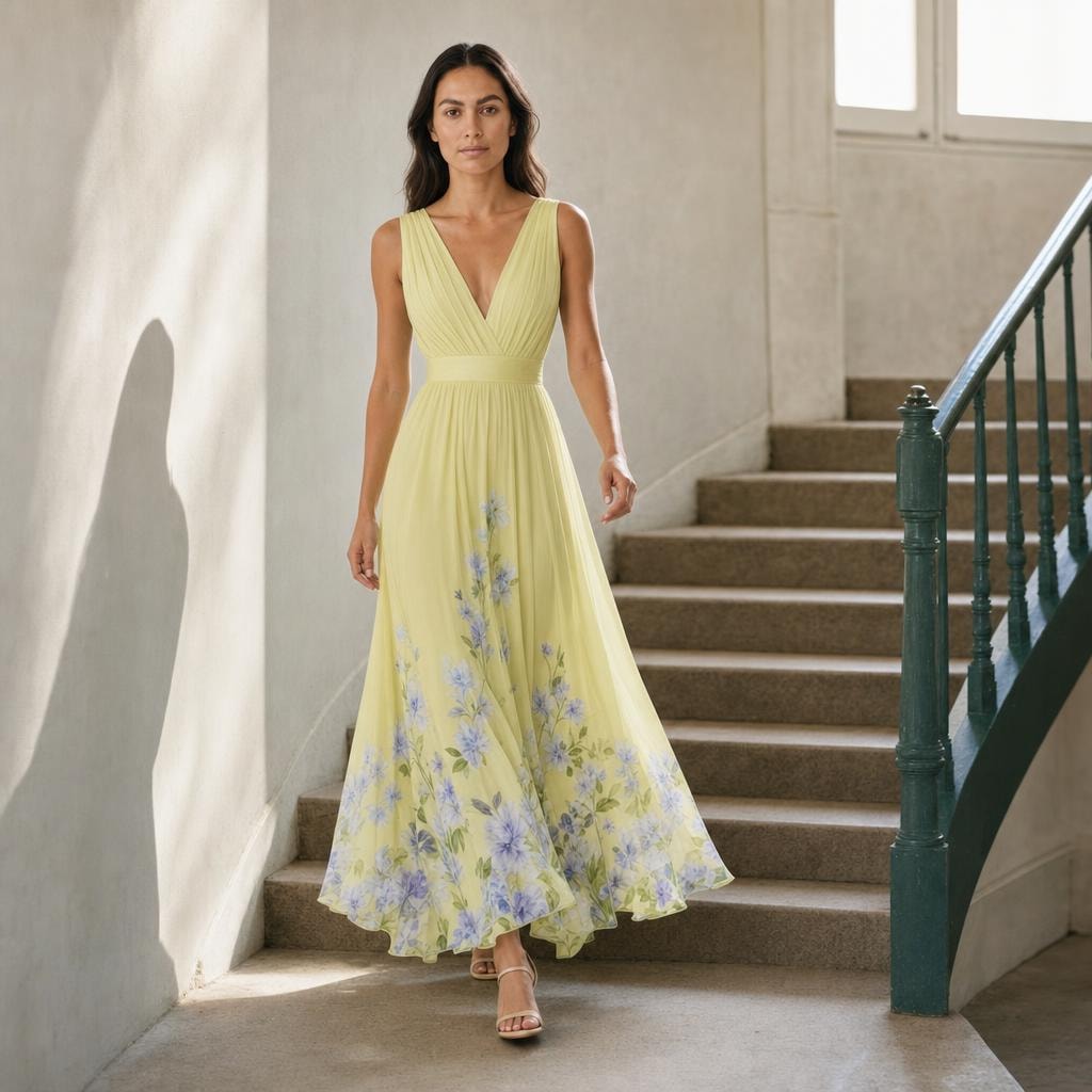 Women's Floral Print Wedding Guest Maxi Dress in Yellow, front view