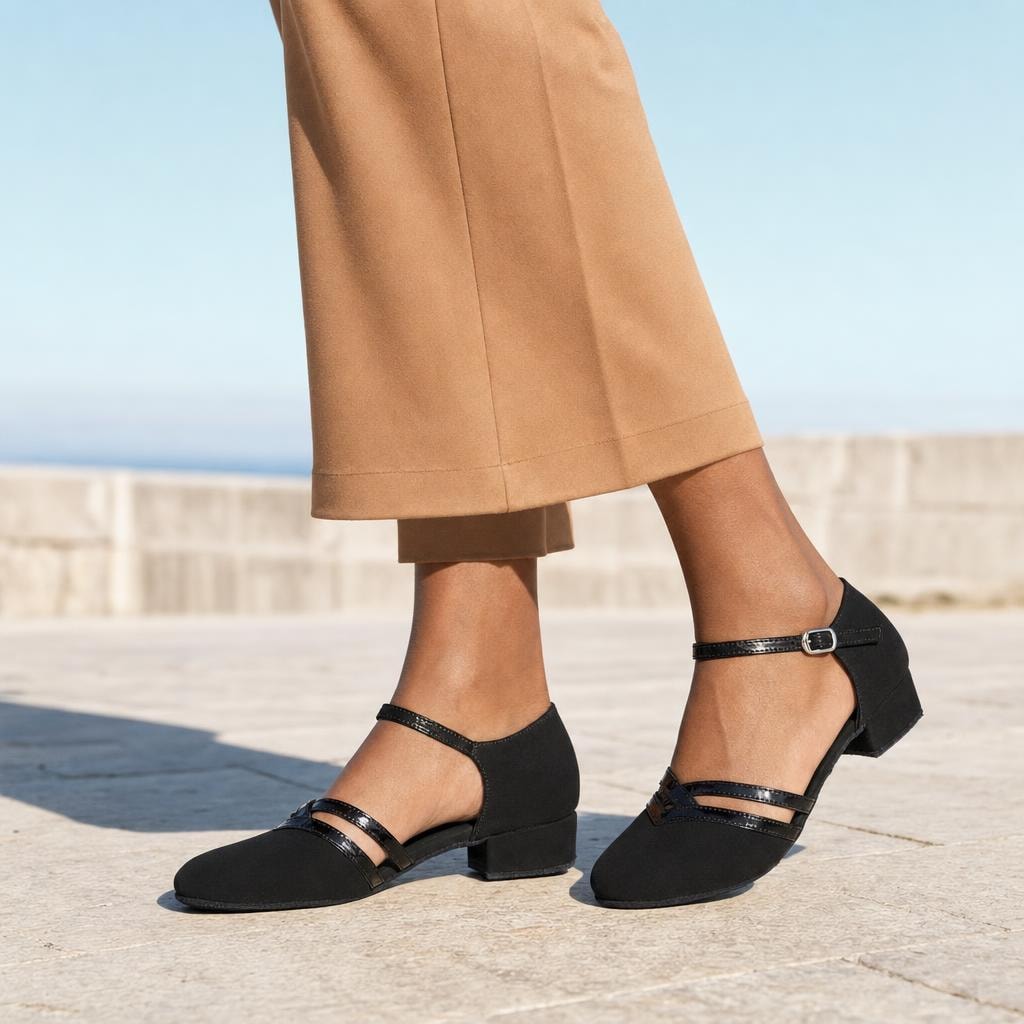Women's Suede Ankle Strap Dance Shoes in Black, front view