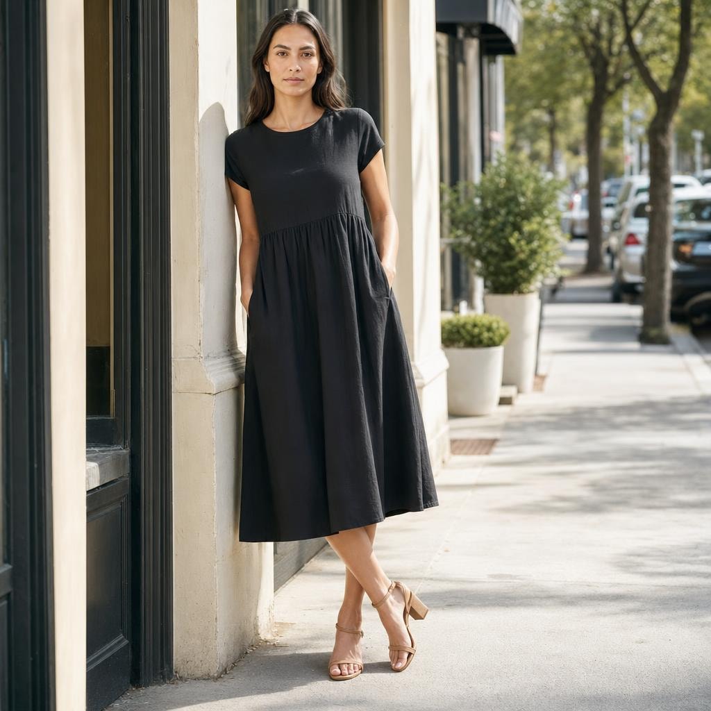 Women's Flared Midi Dress in Black, front view
