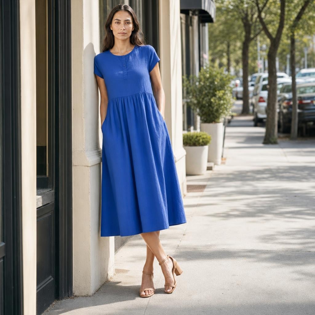 Women's Flared Midi Dress in Blue, front view