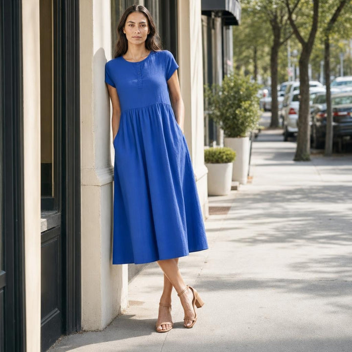 Women's Flared Midi Dress in Blue, front view