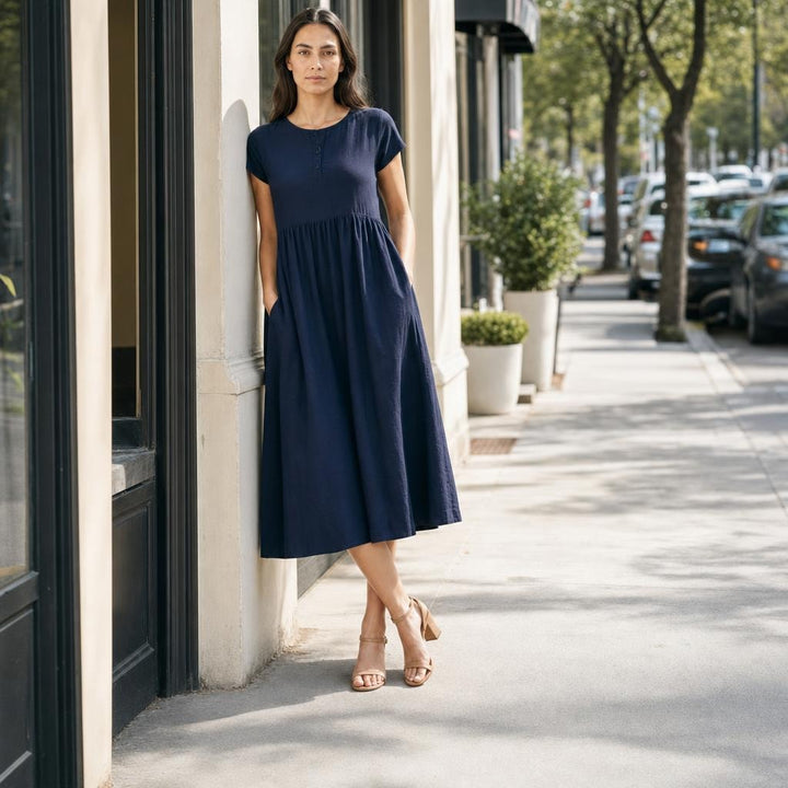 Women's Flared Midi Dress in Dark Blue, front view