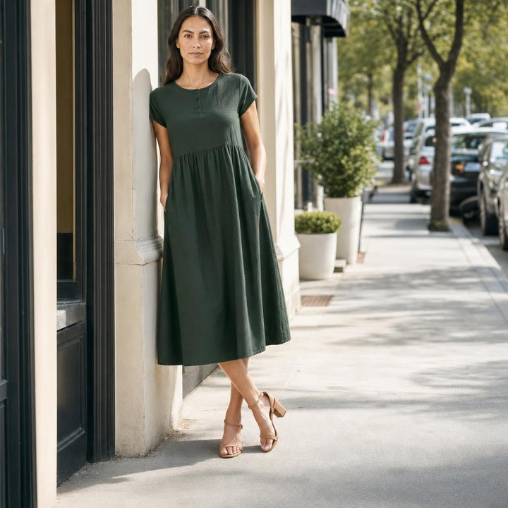 Women's Flared Midi Dress in Dark Green, front view