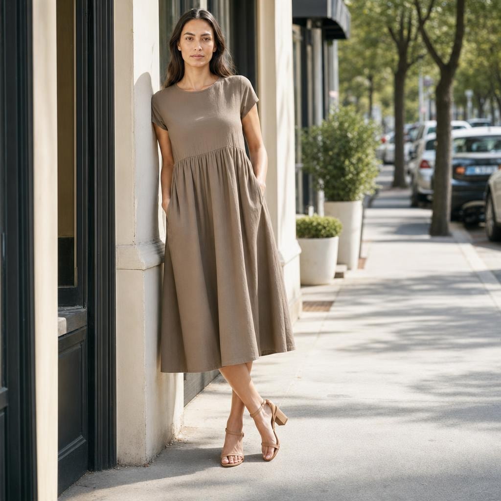 Women's Flared Midi Dress in Khaki, front view