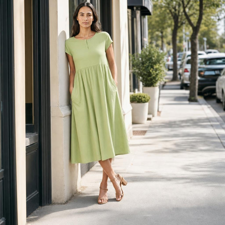 Women's Flared Midi Dress in Light Green, front view