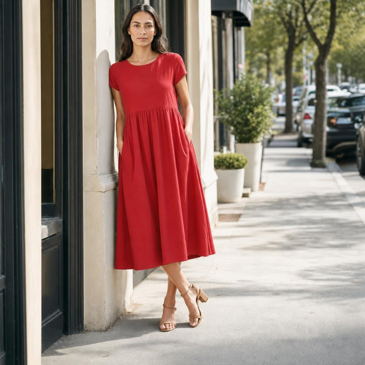 Women's Flared Midi Dress in Red, front view