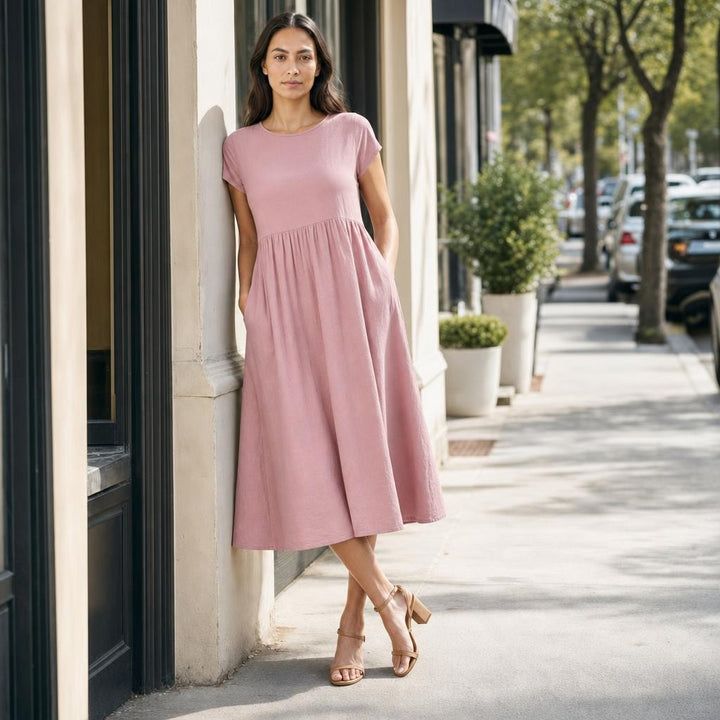 Women's Flared Midi Dress in Rose, front view