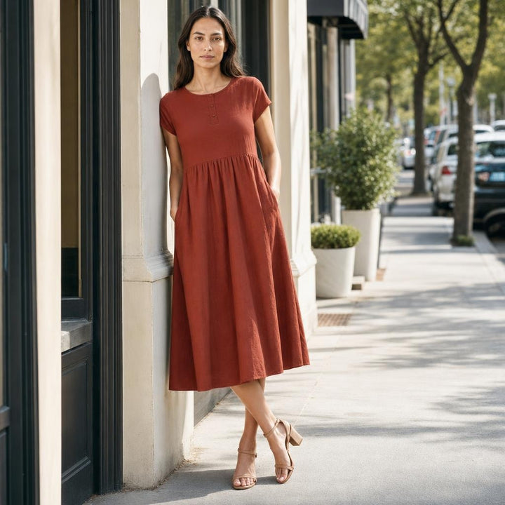 Women's Flared Midi Dress in Rust, front view