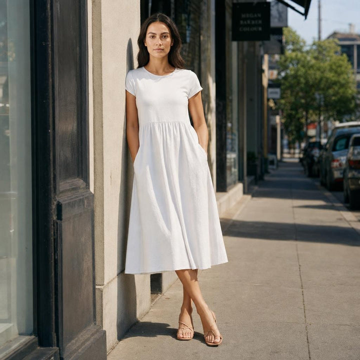 Women's Flared Midi Dress in White, front view