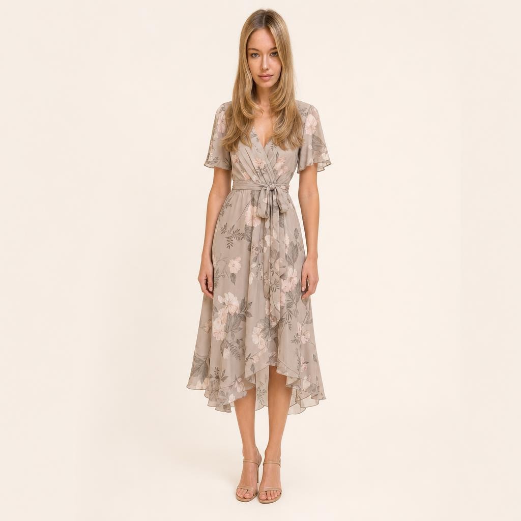 Women's Wrap Midi Dress in Beige, front view