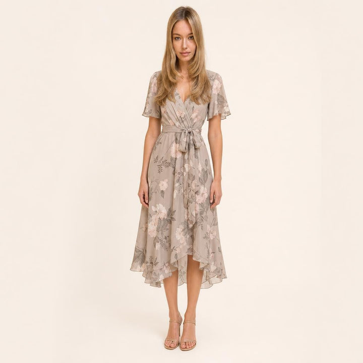 Women's Wrap Midi Dress in Beige, front view