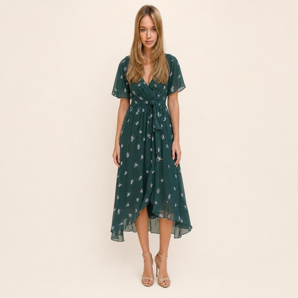 Women's Wrap Midi Dress in Green, front view