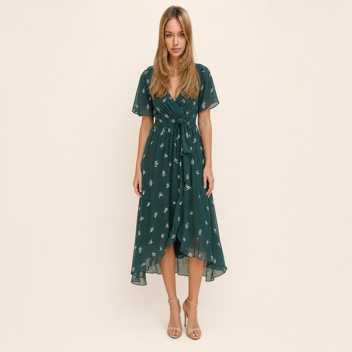 Women's Wrap Midi Dress in Green, front view
