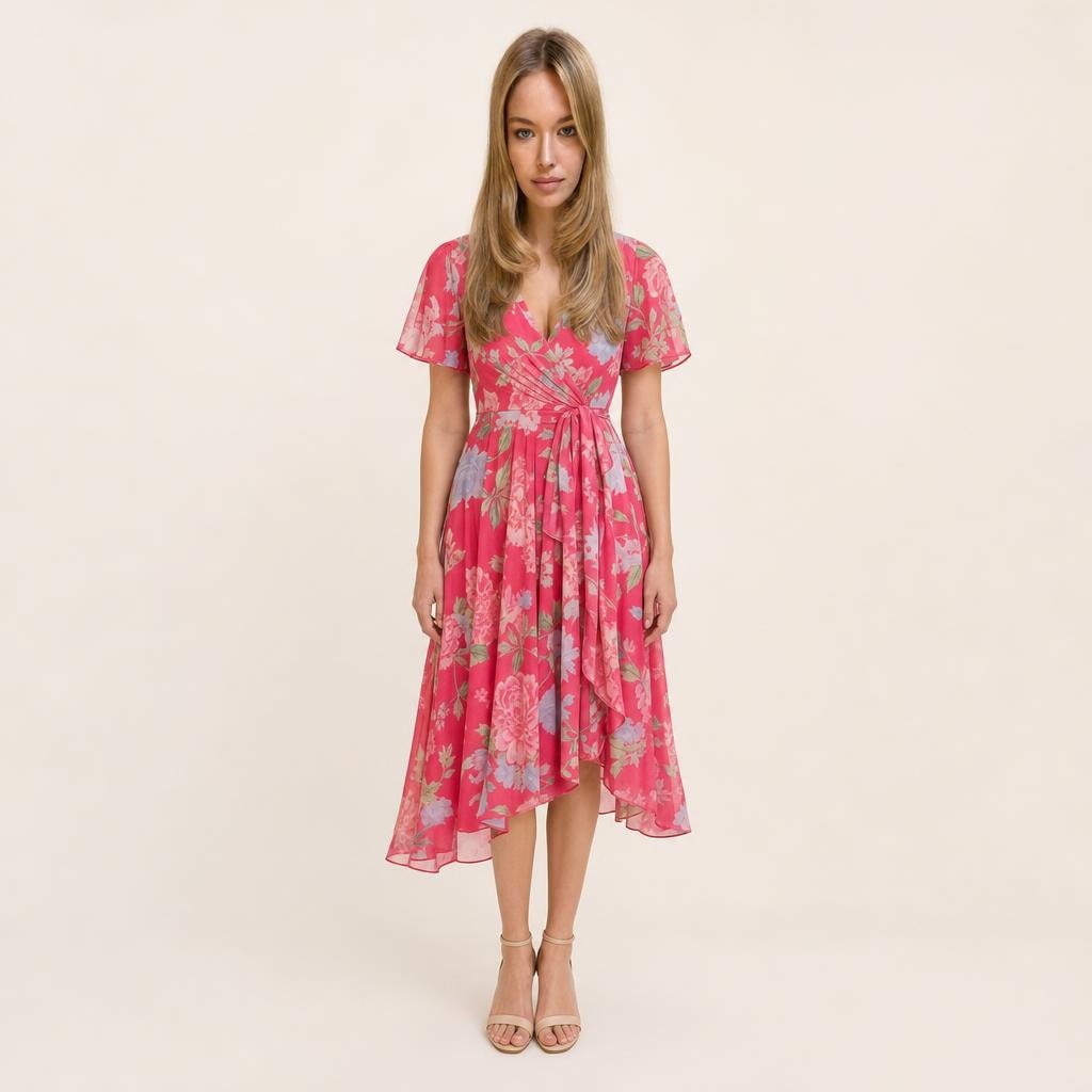 Women's Wrap Midi Dress in Pink, front view
