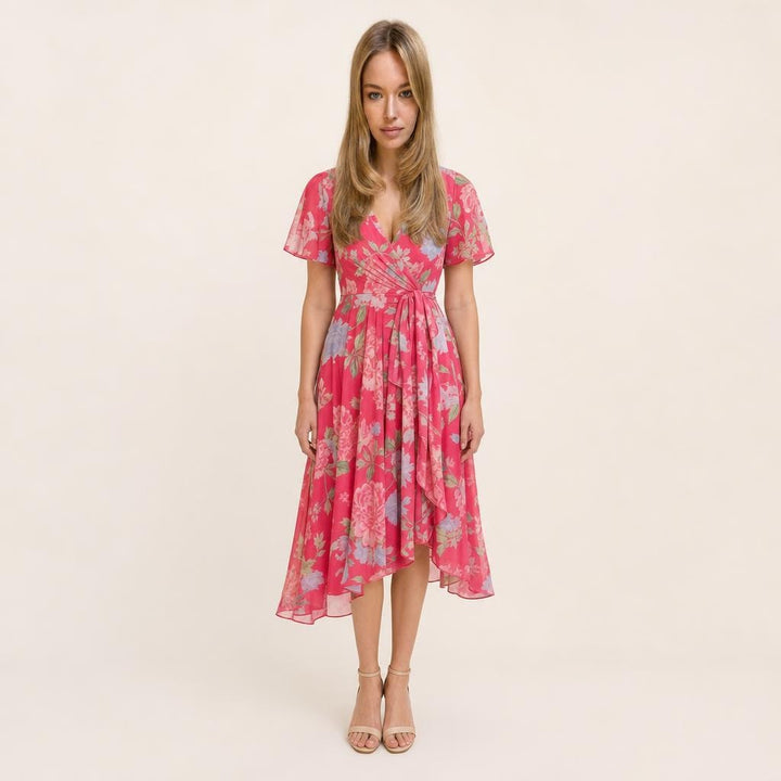 Women's Wrap Midi Dress in Pink, front view