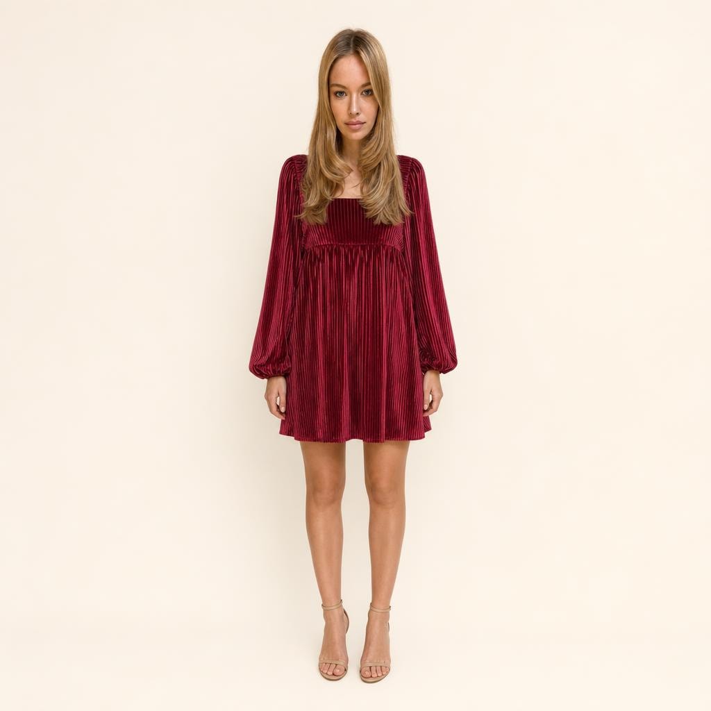 Women's Velvet Pleated Long Sleeve Dress in Wine Red, front view