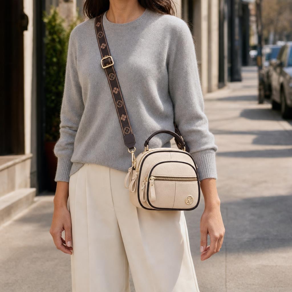 Women's Small Pebbled Crossbody Bag in Beige, front view