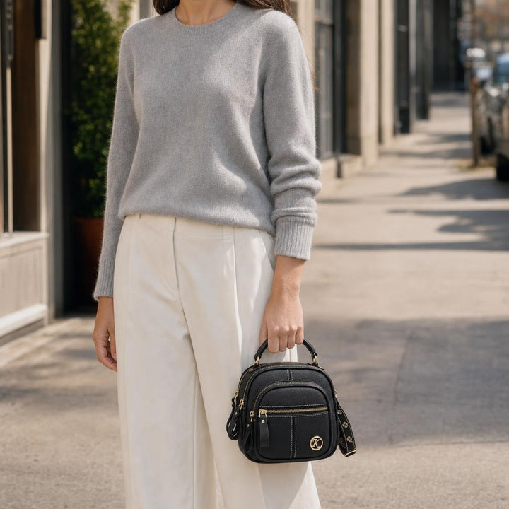 Women's Small Pebbled Crossbody Bag in Black, front view