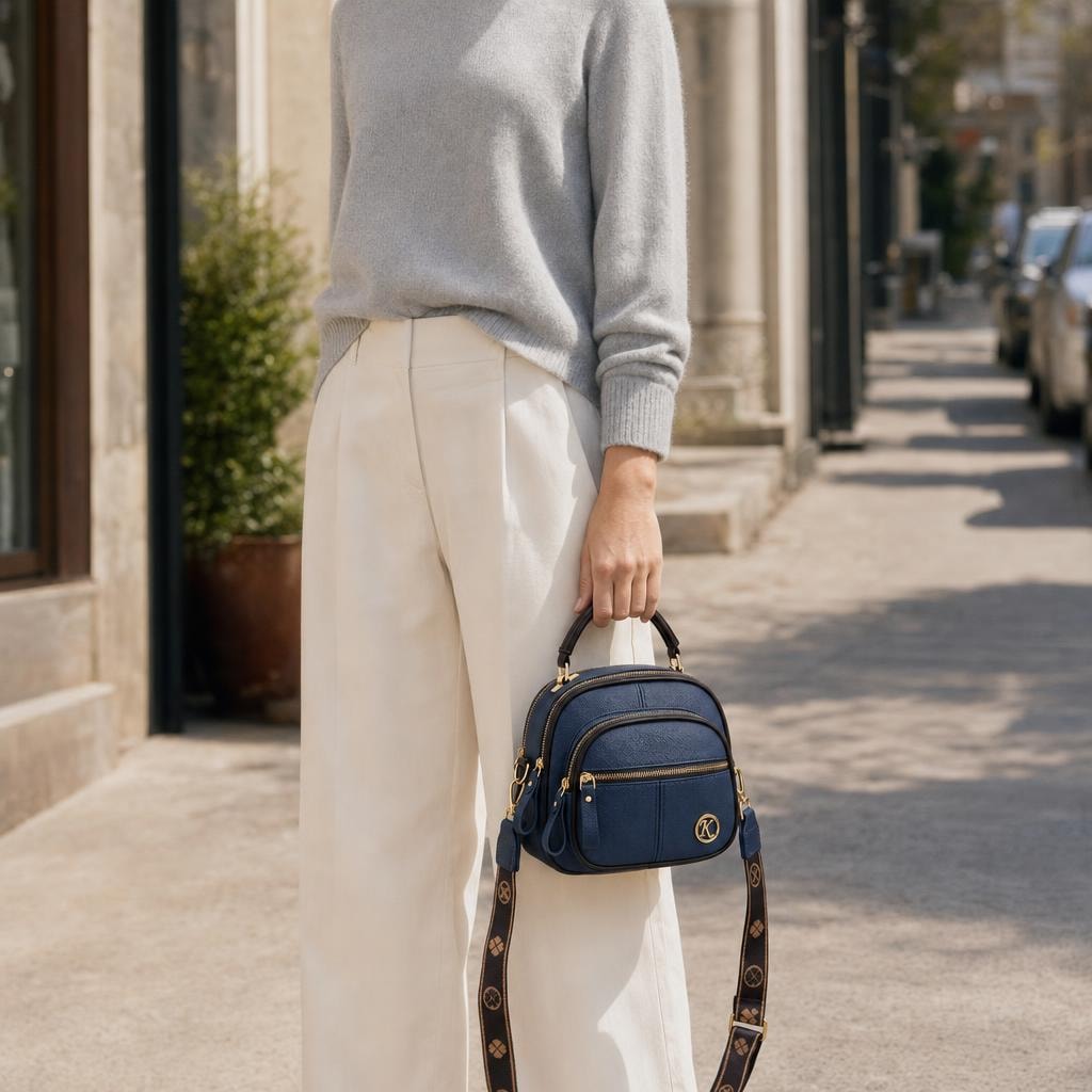 Women's Small Pebbled Crossbody Bag in Navy Blue, front view