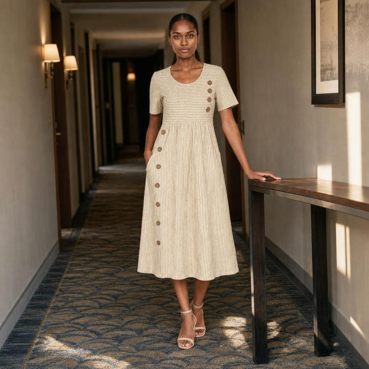 Women's Striped Midi Dress in Beige, front view