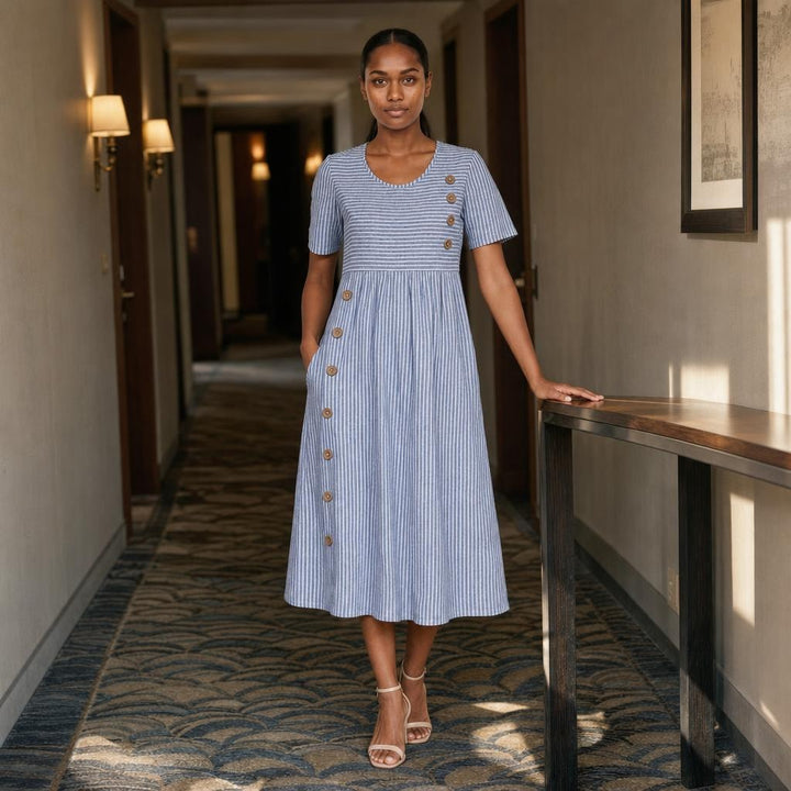Women's Striped Midi Dress in Blue, front view