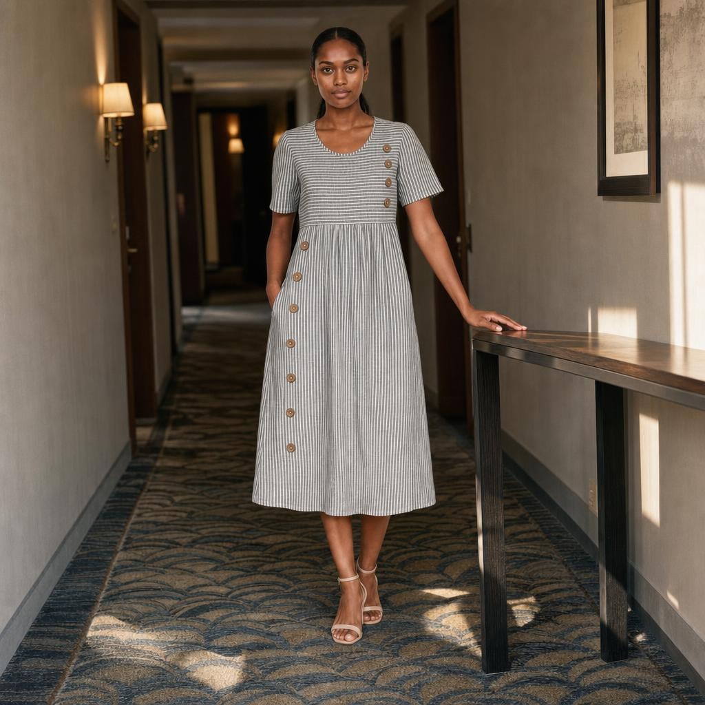 Women's Striped Midi Dress in Gray, front view