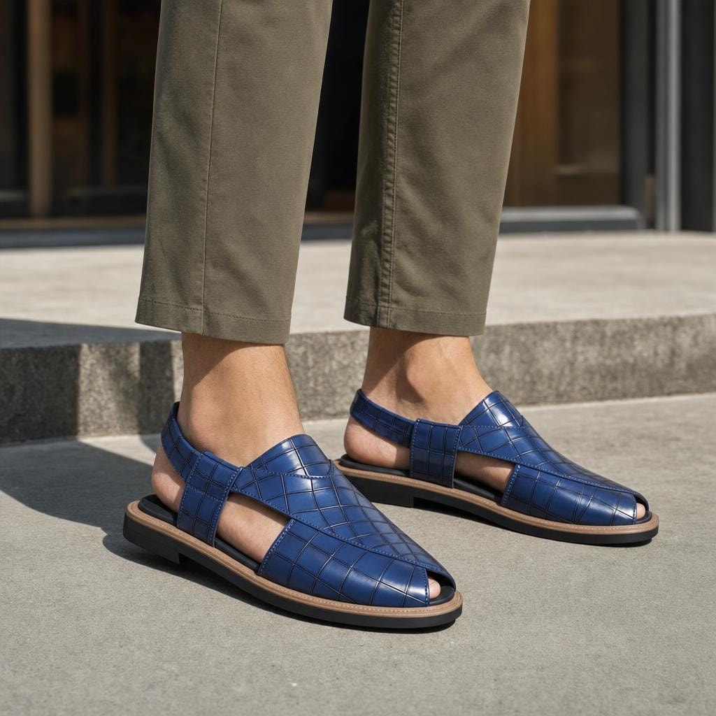 Men's Woven Style Slip On Sandals in Blue, front view
