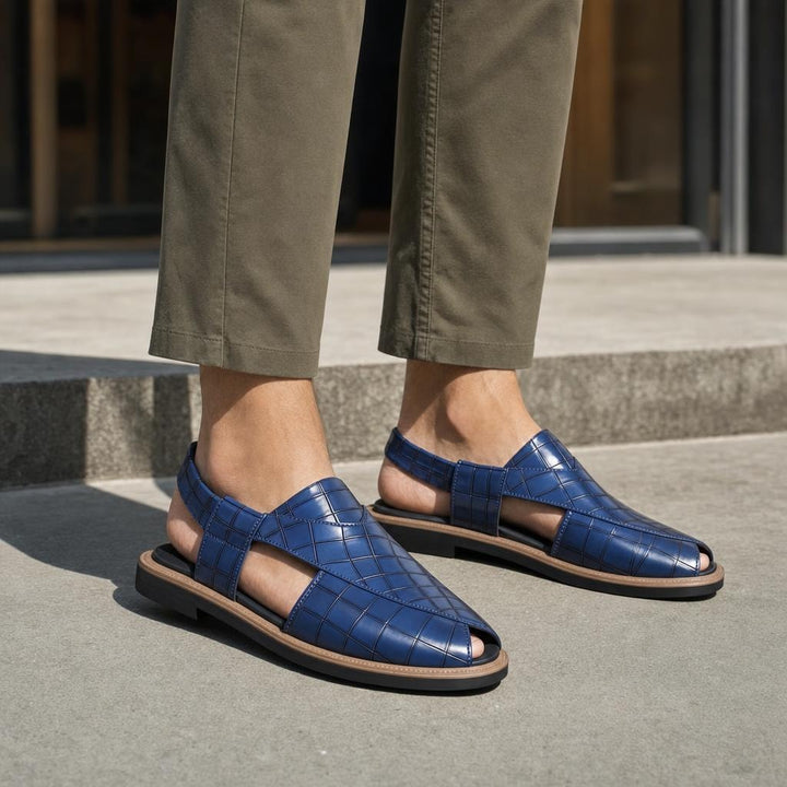 Men's Woven Style Slip On Sandals in Blue, front view