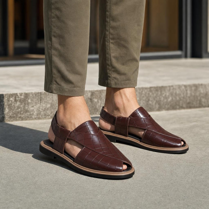 Men's Woven Style Slip On Sandals in Deep Brown, front view