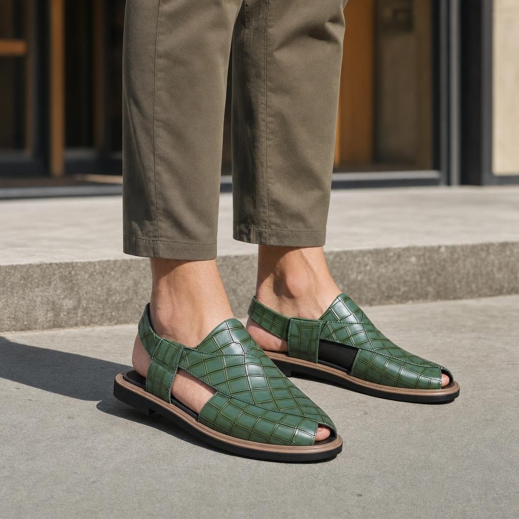 Men's Woven Style Slip On Sandals in Green, front view
