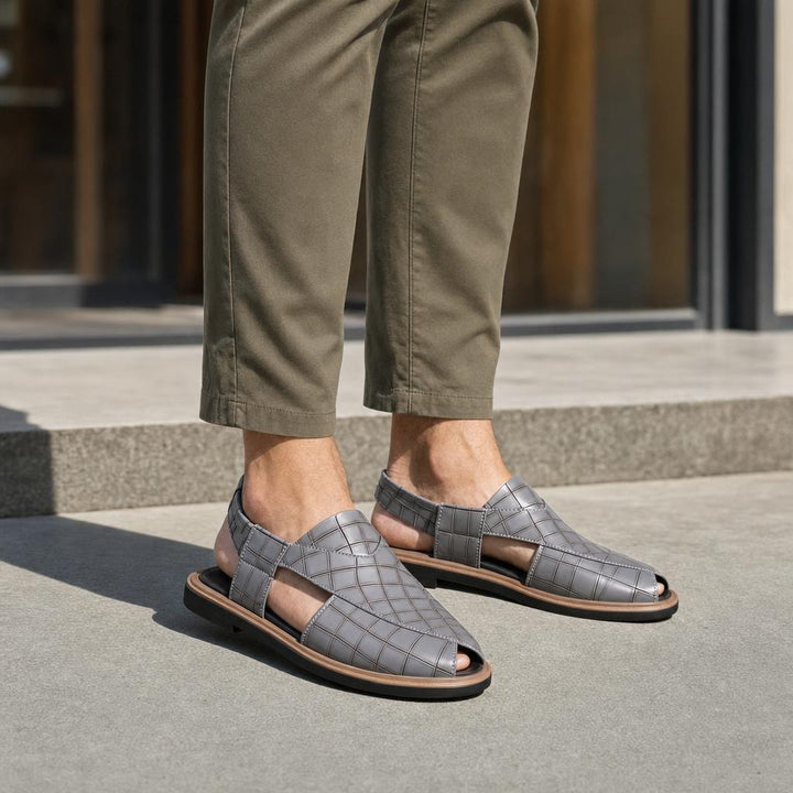 Men's Woven Style Slip On Sandals in Grey, front view