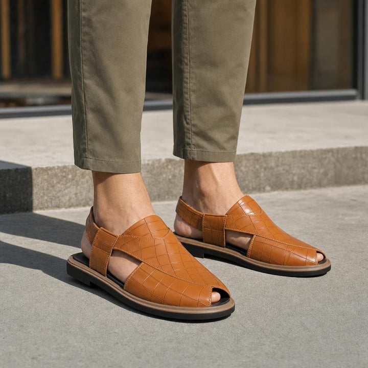 Men's Woven Style Slip On Sandals in Light Brown, front view