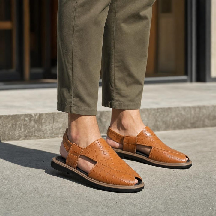 Men's Woven Style Slip On Sandals in Orange, front view