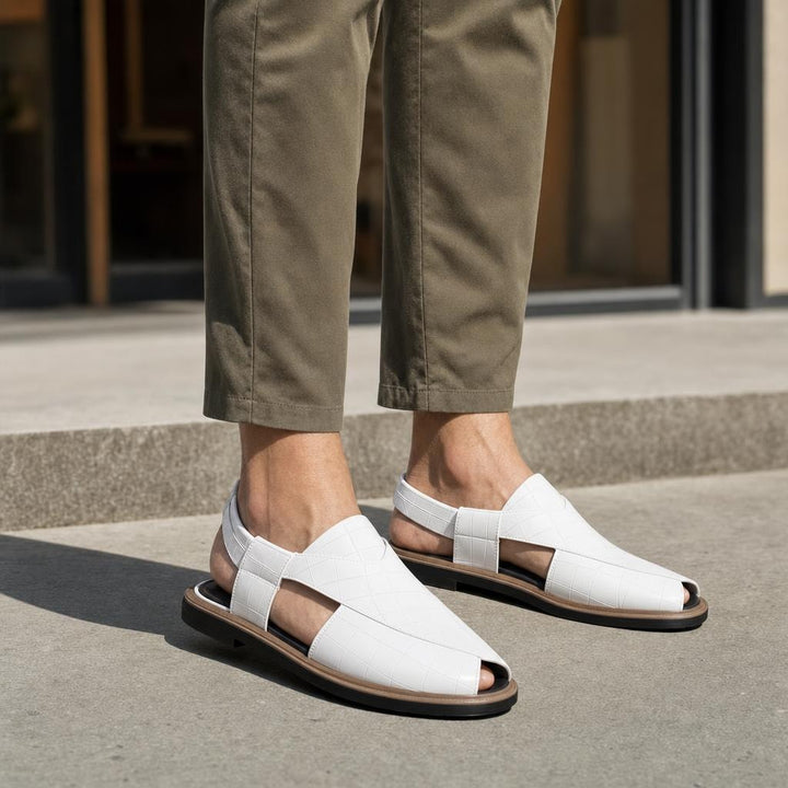 Men's Woven Style Slip On Sandals in White, front view
